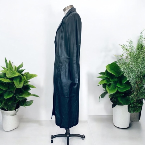WINLIT New York Size Medium Black Leather Trench Coat Mob Wife Matrix 80s VGC - Picture 2 of 14
